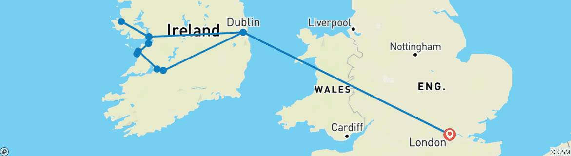 Kaart van Ontdekkingstocht Londen  – Dublin & de westkust