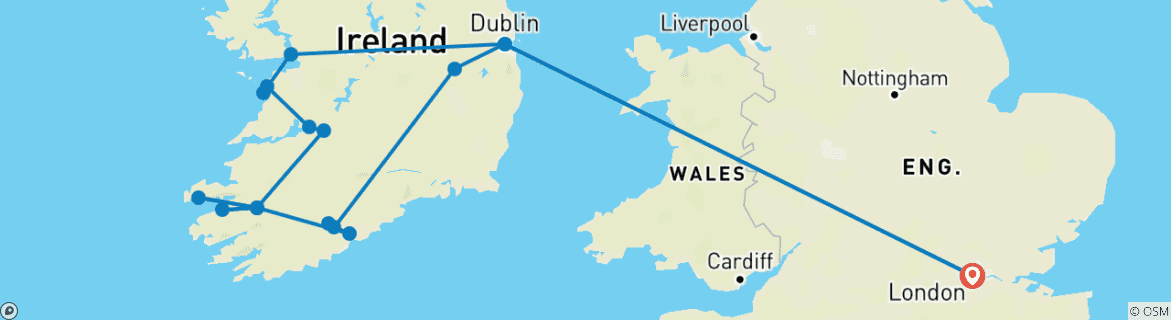 Kaart van Londen  – Dublin & Grote zuidelijke & westelijke kust