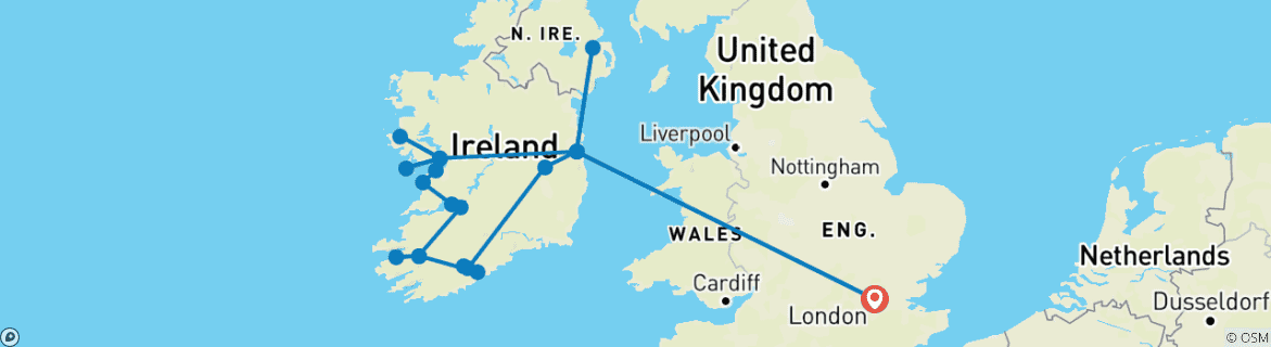 Carte du circuit Londres - Dublin et le tour de toute l'Irlande