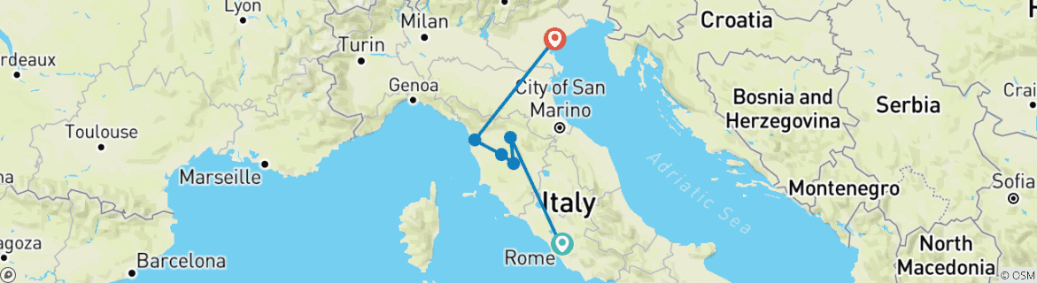 Map of 7 Day Rome, Florence, Tuscany & Venice Tour Package