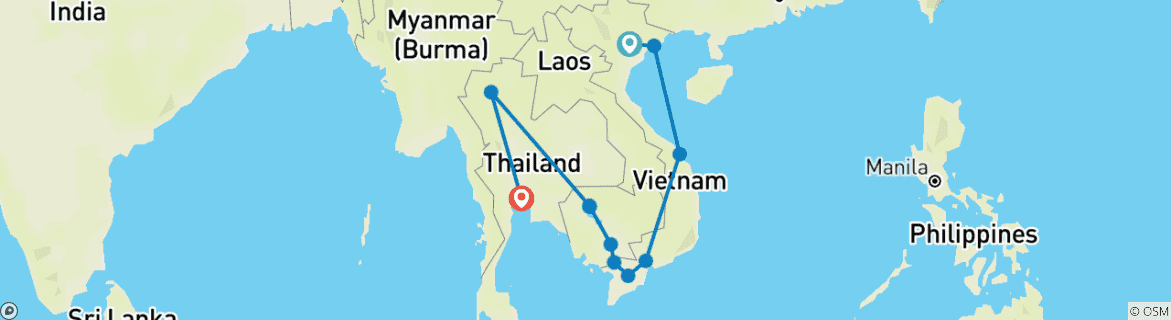 Map of Beauty Of Vietnam, Cambodia And Thailand – 21 Days