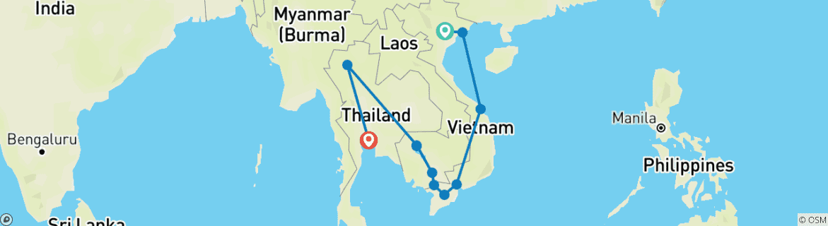 Map of Beauty Of Vietnam, Cambodia And Thailand – 21 Days