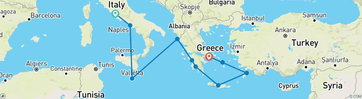 Map of Cities of Antiquity Rome (Civitavecchia) to Athens (Piraeus)