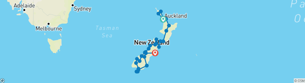 Map of Natural Wonders of New Zealand - Auckland to Christchurch