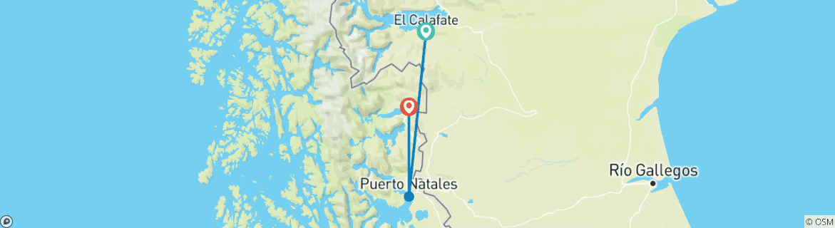 Map of Perito Moreno Glacier and Torres del Paine W-Trek (9 Days)