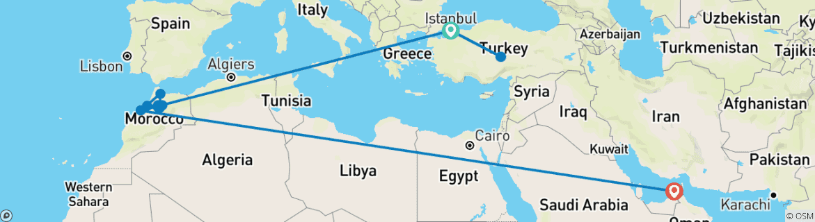 Mapa de Gran aventura de lujo de 14 Días (Turquía/Marruecos /Dubai)vuelos incluidos, grupo pequeño.