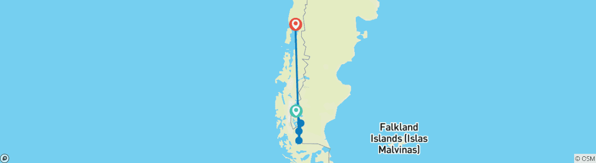 Map of Southern Patagonia, Trekking and Fjords (19 Days)