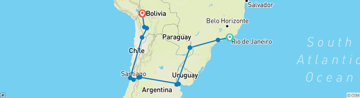 Map of 5 Countries: Rio de Janeiro to La Paz (30 Days)