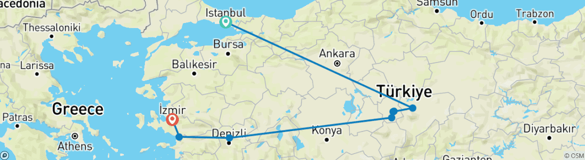 Image of a map showing the route of the tour
