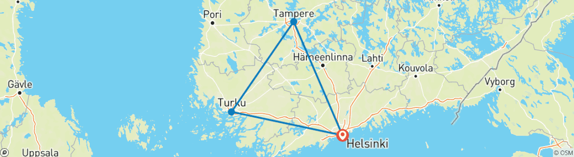 Carte du circuit Helsinki - Turku - Tampere en train