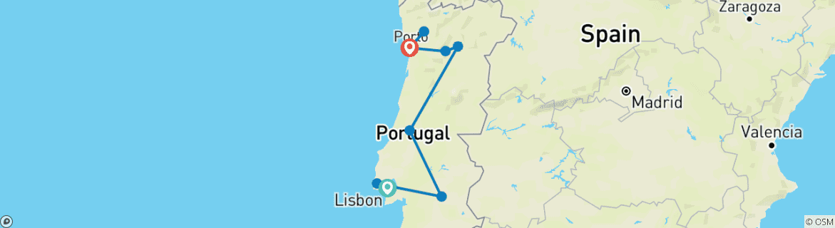 Carte du circuit Le meilleur de Lisbonne et du Nord avec une croisière de luxe dans la vallée du Douro