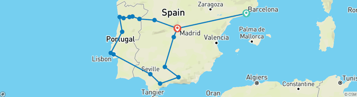 Carte du circuit Les délices de l'Espagne et du Portugal avec la croisière fluviale sur le Douro - Barcelone → Madrid (2025)