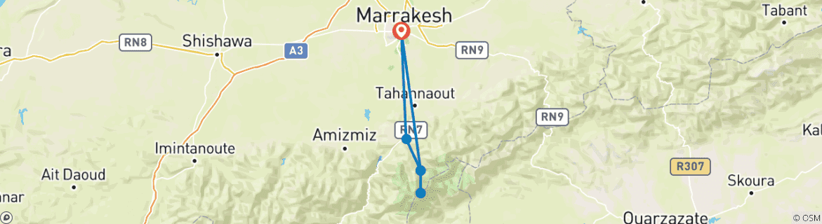 Map of 3-day trek to Mount Toubkal from Marrakech