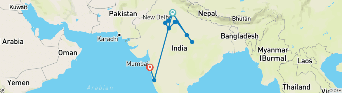 Image of a map showing the route of the tour