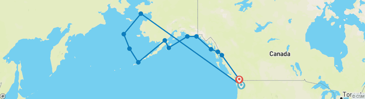 Map of Alaska and British Columbia—Inside Passage, Bears and Aleutian Islands (Southbound) (MS Roald Amundsen)