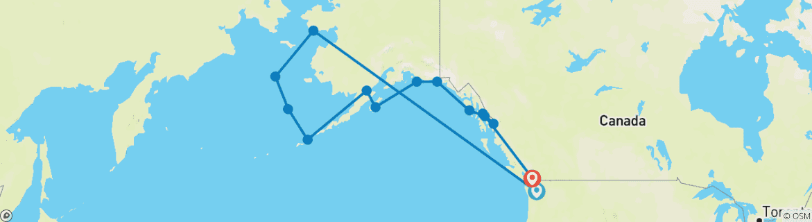 Map of Alaska and British Columbia—Inside Passage, Bears and Aleutian Islands (Southbound) (MS Fridtjof Nansen)