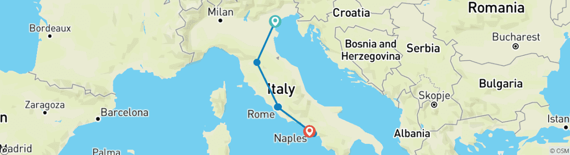 Map of Winter “Eco-Comfort” Tour of Italy by Train