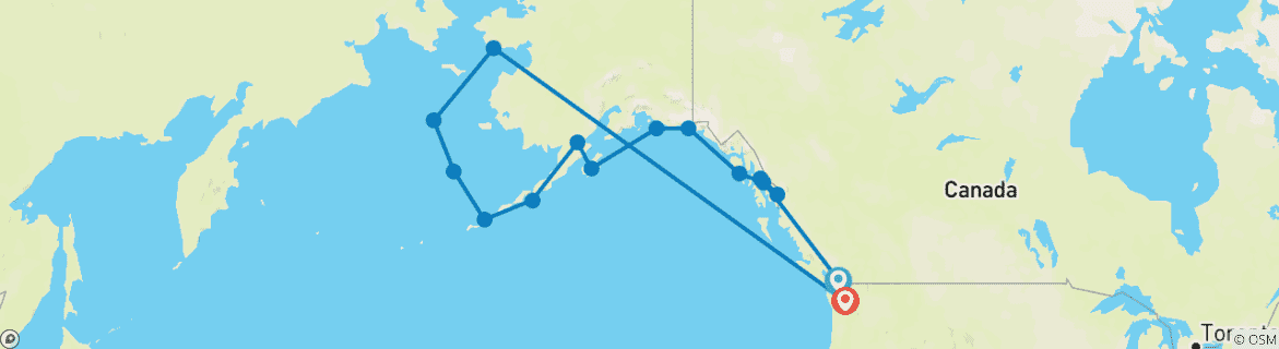 Map of Alaska and British Columbia – Inside Passage, Bears and Aleutian Islands (Northbound)