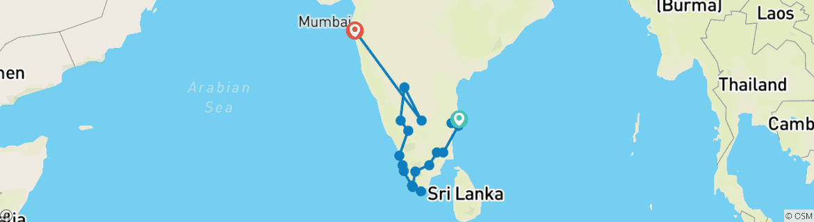 Carte du circuit Circuits d'aventure en Inde du Sud