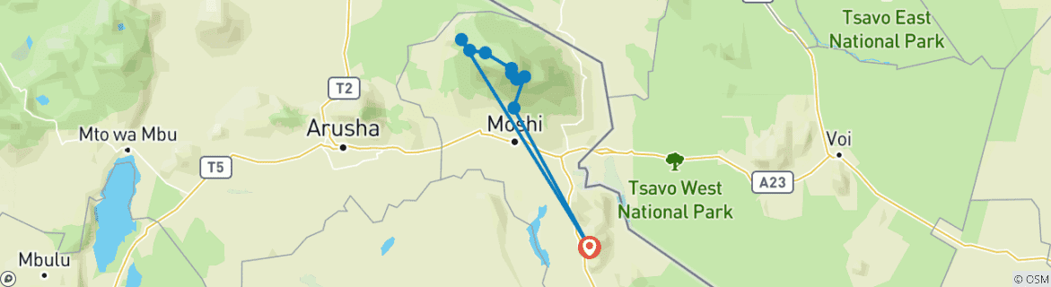 Mapa de Grupo de Escalada al Monte Kilimanjaro por la Ruta Lemosho 10 Días Tanzania (todo el alojamiento y el transporte están incluidos)