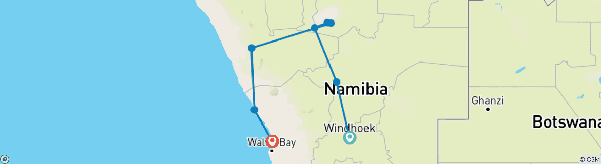 Map of 6 Day Etosha, Himba & Skeleton Coast Camping Safari * DEPARTING SATURDAYS