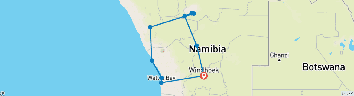 Map of 7 Day Northern Namibia & Skeleton Coast Camping Safari * DEPARTING SATURDAYS