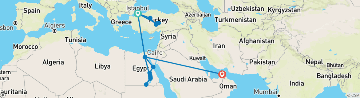 Map of Turkey Egypt Dubai luxury voyage (  flights included/small group)