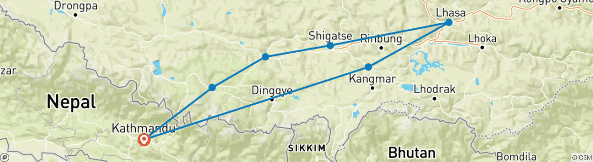 Map of Tibet Tour Fixed Depature