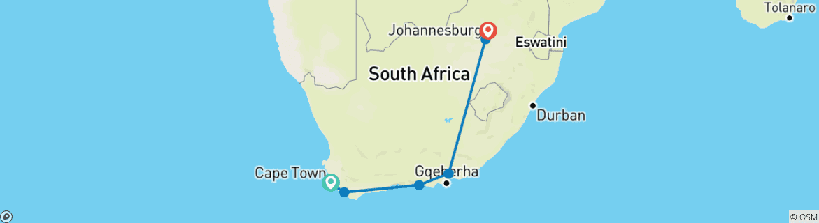 Map of Cape Town to Kruger Adventure 14 Days/13 Nights