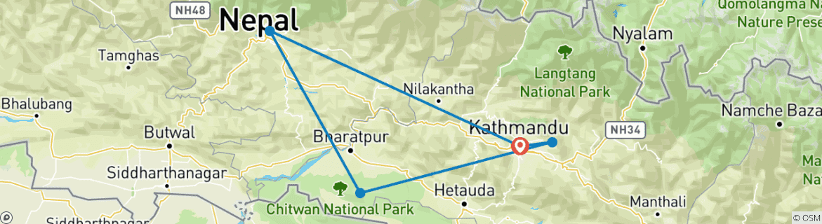 Mapa de El mejor viaje de 7 días por Nepal: Katmandú, Amanecer en Nagarkot, Safari en Chitwan y Pokhara