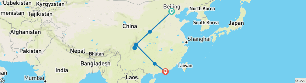 Image of a map showing the route of the tour