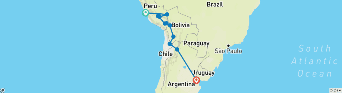 Karte von Episches Peru, Bolivien & Argentinien (28 Destinationen)