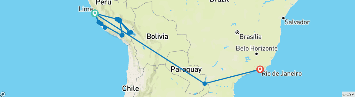 Kaart van Het beste van Peru, Argentinië & Brazilië (24 bestemmingen)