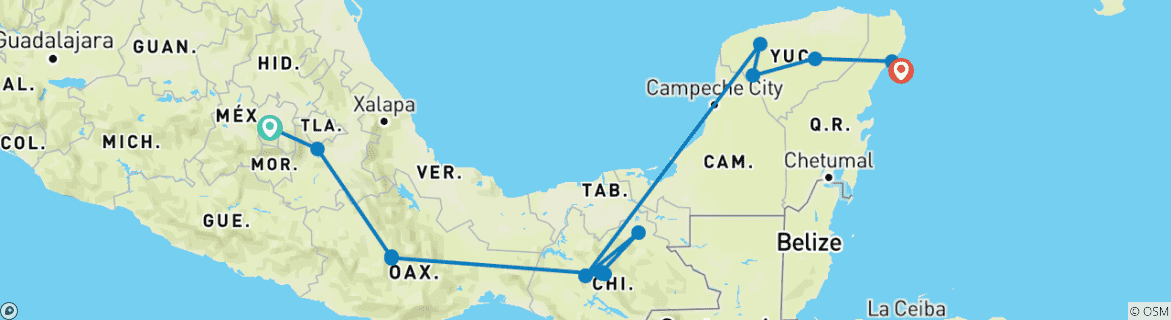 Carte du circuit Mexique Unplugged (inclusif San Cristobel de Las Casas) (from Mexico to Isla Cozumel)