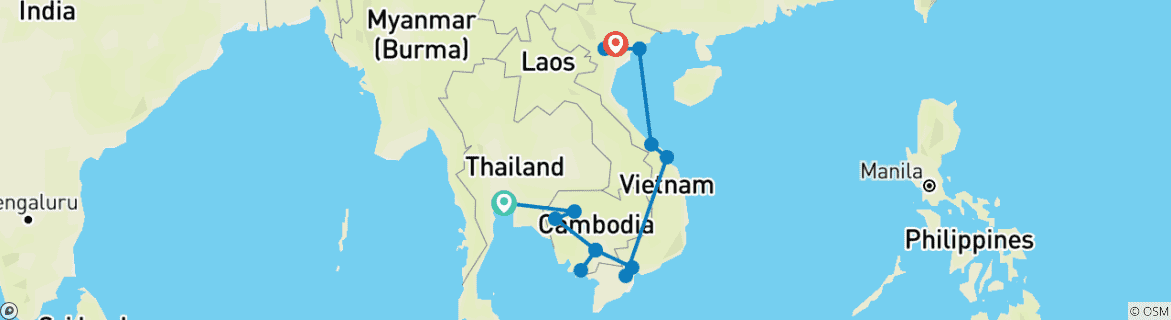 Kaart van Beleef Cambodja & Vietnam (13 bestemmingen)