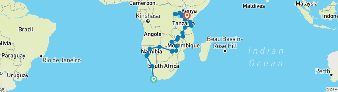 Map of Africa Encompassed Northbound (46 destinations)