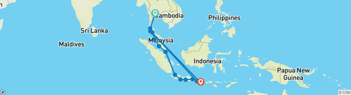 Kaart van Van Bangkok naar Bali (inclusief Krabi)