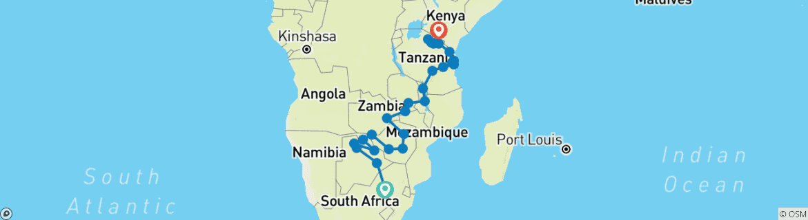 Map of Johannesburg to Kenya (27 destinations)