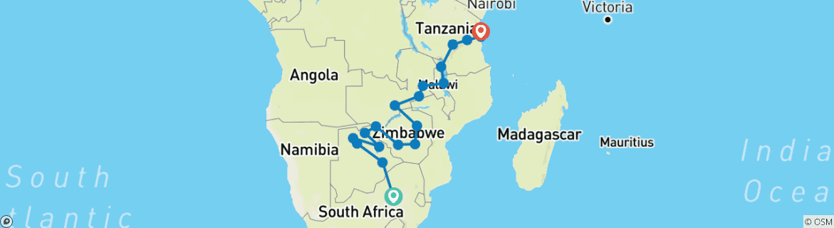 Map of Johannesburg to Zanzibar (19 destinations)