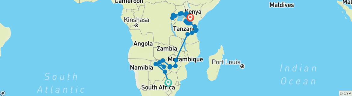 Map of Johannesburg to Gorillas (37 destinations)