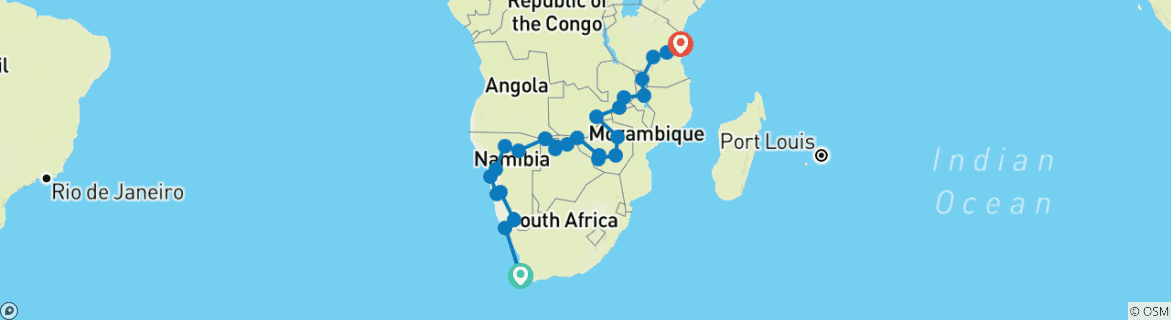 Map of Cape Town to Zanzibar (28 destinations)