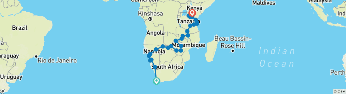 Map of Cape Town to Kenya (34 destinations)