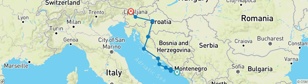 Map of Dubrovnik to Ljubljana