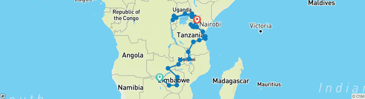 Map of Vic Falls to Gorillas (31 destinations)