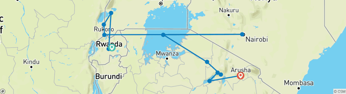 Map of Gorillas & East Africa Safari (from Kigali to Arusha)