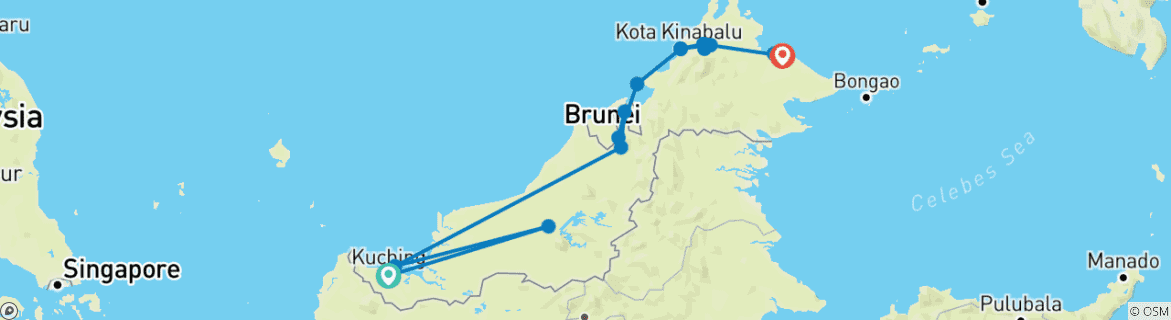 Carte du circuit Le meilleur de Bornéo (from Kuching to Sandakan)