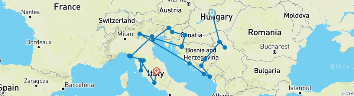 Carte du circuit De Budapest à Rome (from Budapest to Trevi)