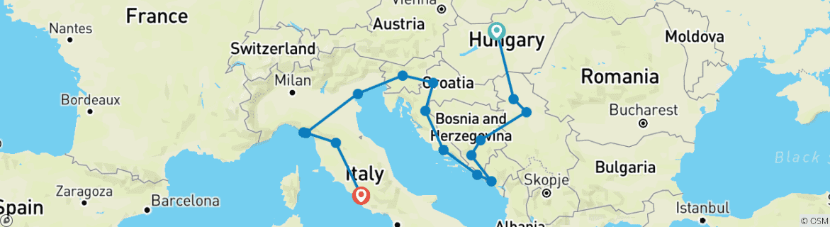 Map of Budapest to Rome (including Novi Sad)