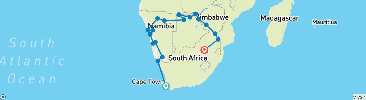 Map of Southern Africa Adventure (20 destinations)