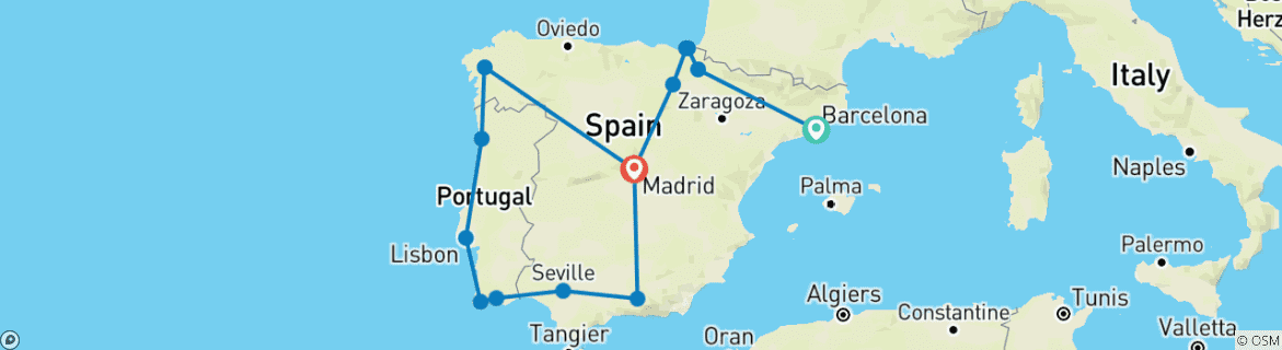 Carte du circuit Espagne et Portugal classiques (14 destinations)